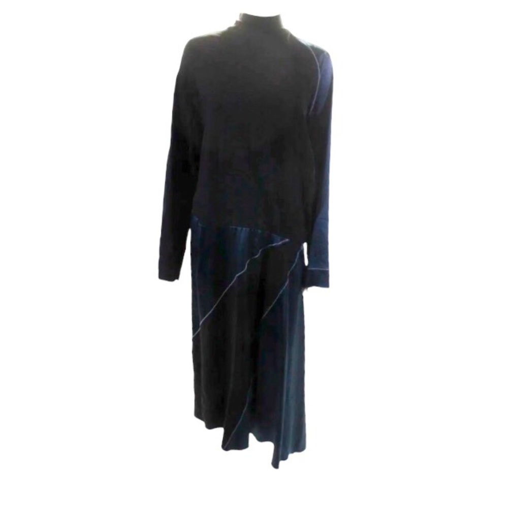 Cedric Charlier Midi Dress Size US 10 Black Navy Blue Colorblock Asymmetrical